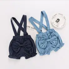 Новые стильные джинсовые комбинезоны с бантом для маленьких девочек летние модные шорты для малышей от 0 до 3 лет HU212