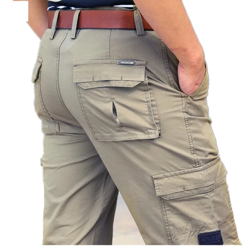 2017 New Arrival Multi Pocket Solid Men Cargo Pants Loose Straight