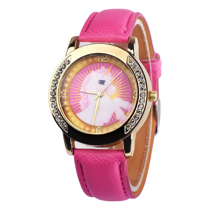 Прекрасный Розовый Единорог детские наручные часы алмаз мультфильм Кожаный ремешок Детские Кварцевые часы для мальчика часы Relogio Masculino Saat