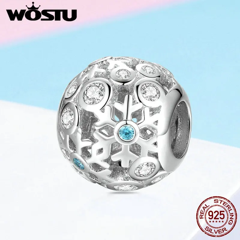 

WOSTU High Quality 925 Sterling Silver Blue Color Winter Snowflake Beads Fit Charm Bracelet Pendant Fashion Jewelry Gift FIC988