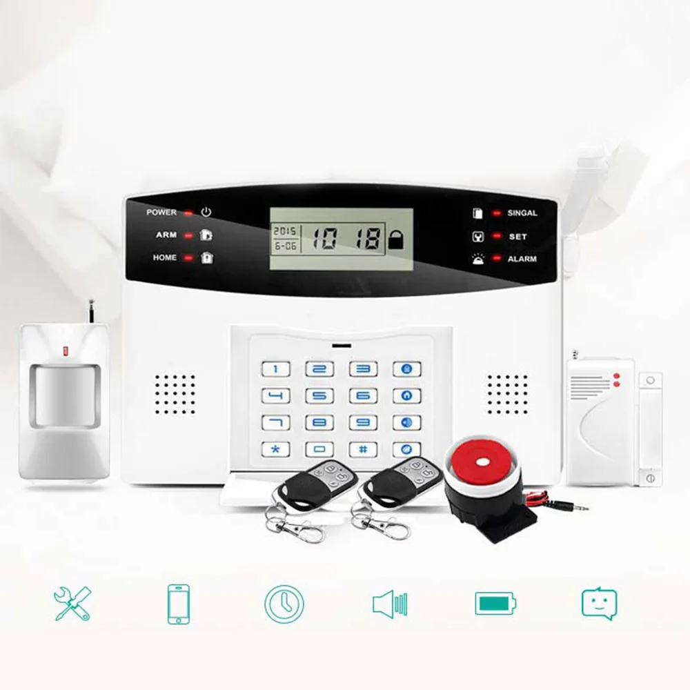 LCD IR GSM Alarm IOS Android APP Control Wireless Home Burglar Alarm System Two Way Intercom SMS Notice for Power Off