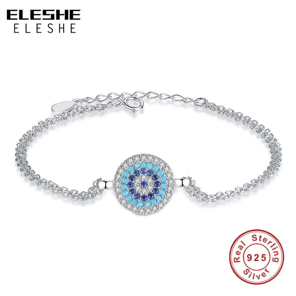 ELESHE Lucky 925 стерлингового серебра Круглые Голубые глаза мощный Теннисный браслет CZ Регулируемая цепь браслеты ювелирные изделия