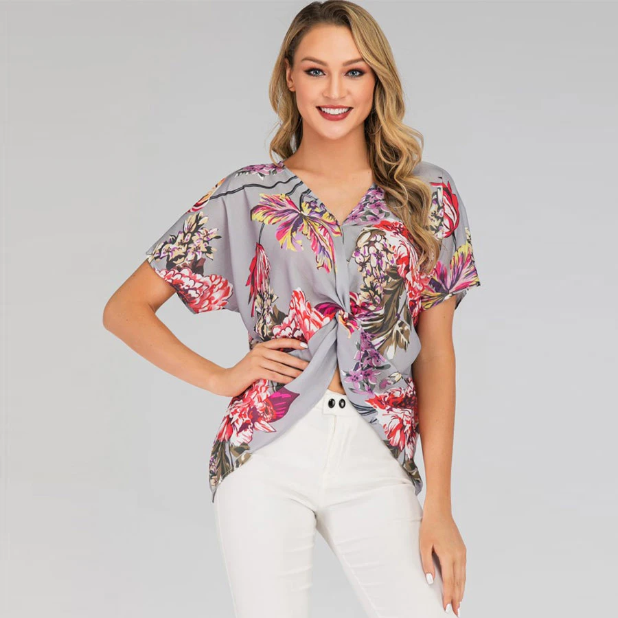 

Vintage Print V-Neck Chiffon T Shirt Women Summer Casual Short Sleeve Irregular Tshirt Plus Size Ladies Tees Breathable Pullover