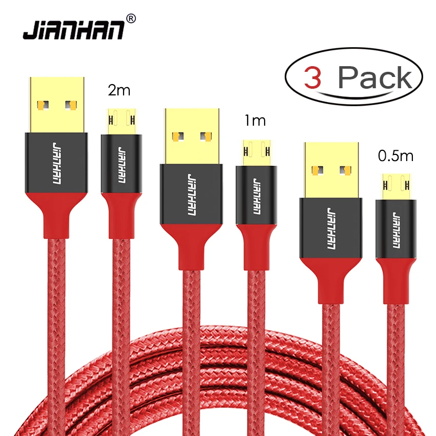 3 Pack (0.5M/1M/2M) 2.4A Reversible Micro USB Cable 3pcs Fast Charging Data Charger for Xiaomi Samsung Huawei LG Motorola | Мобильные