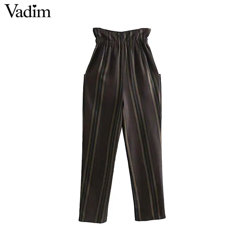 

Vadim women vintage striped pattern full length straight pants elastic waist female retro office wear trousers pantalones KA881