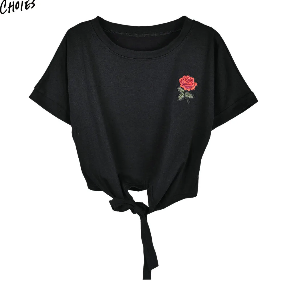 Летняя футболка с галстуком спереди и вышивкой цветочным рисунком розами