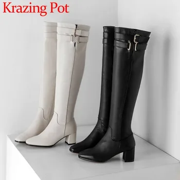 

2018 natural leather european designer med chunky heels zipper classic square toe buckle belt new fashion thigh high boots L61