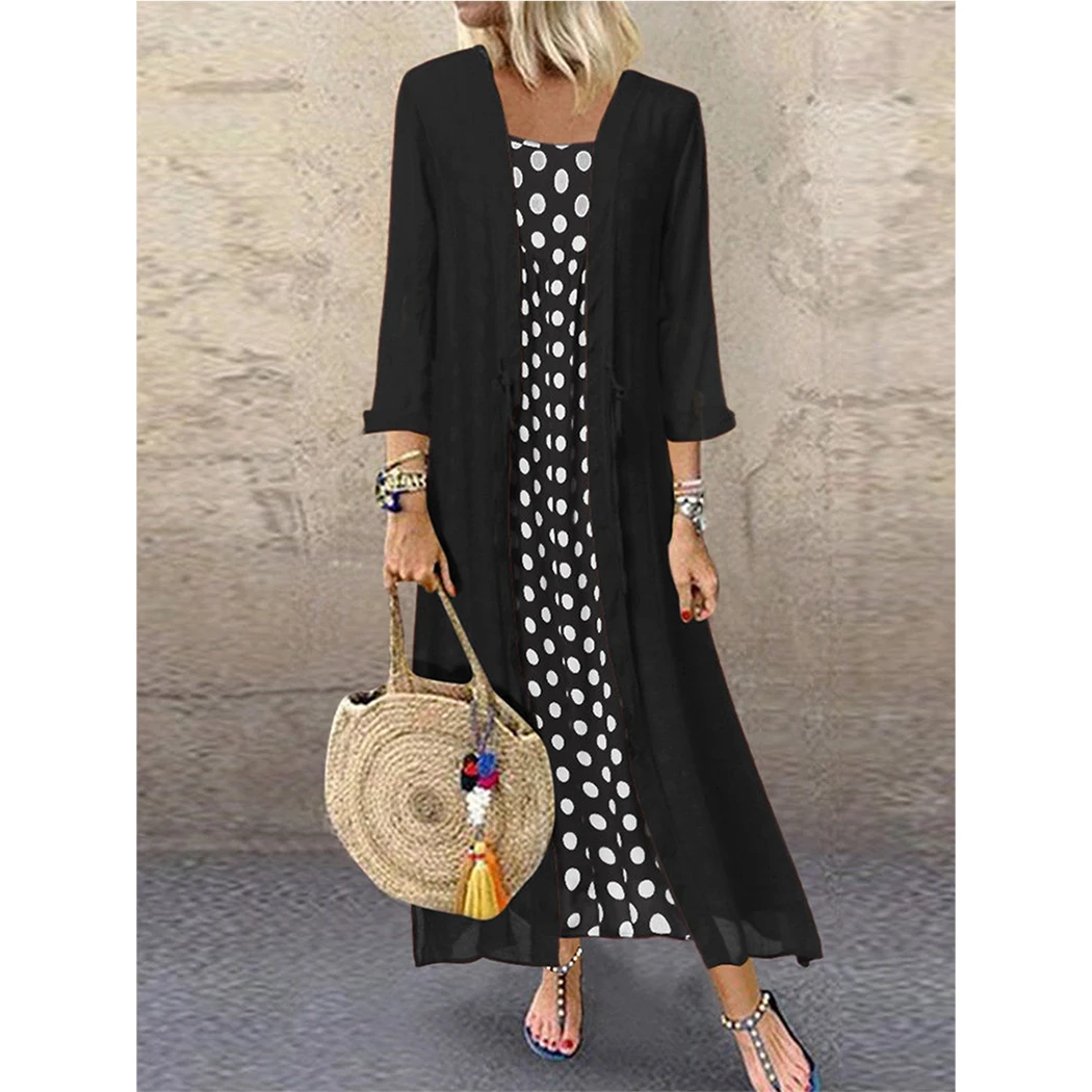 

Plus Size Women Palka Dots Strappy Dress And Long Cardigan Vintage Boho Casual Two-Piece Clothing 3/4 Sleeve Outwear + Dress