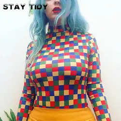 STAY TIDY мода многоцветный плед печати облегающие костюмы осень 2019 г. для женщин Повседневное с длинным рукавом макет средства ухода за кожей