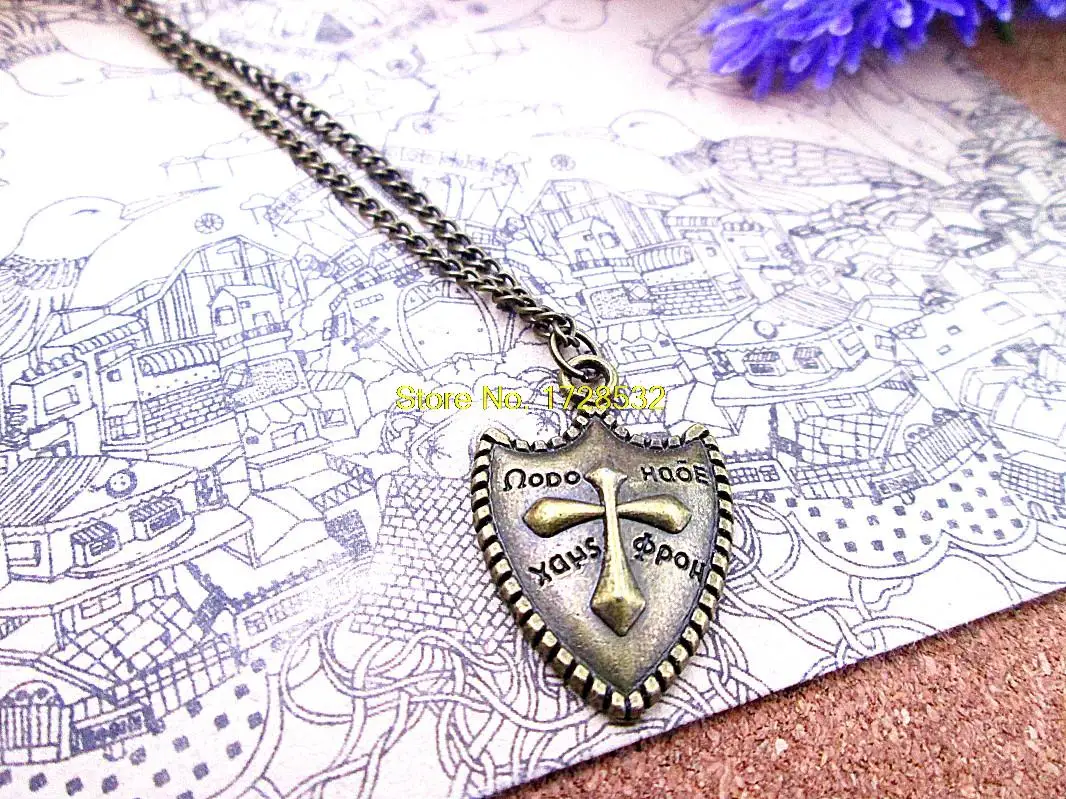 

fashion hot sale 31*20.2MM Antique bronze Retro Cross Shield metal brass copper crucifix military pendant necklace