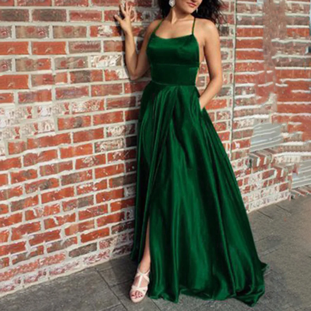 

High Waist Elegant Party Dress Women's Sexy Solid Floor-Length Slit Up Backless Sheath Maxi Dress With Pockets Long Maxi Dress