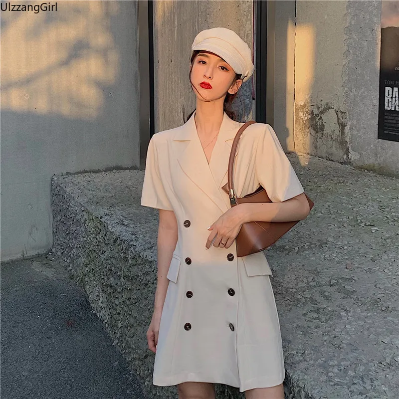 

Elegant High Waist V-Neck Turndown Double Breasted Button Pocket Slim Suit Shirt/Blazer Mini Dress Korean OL Office Women Robe