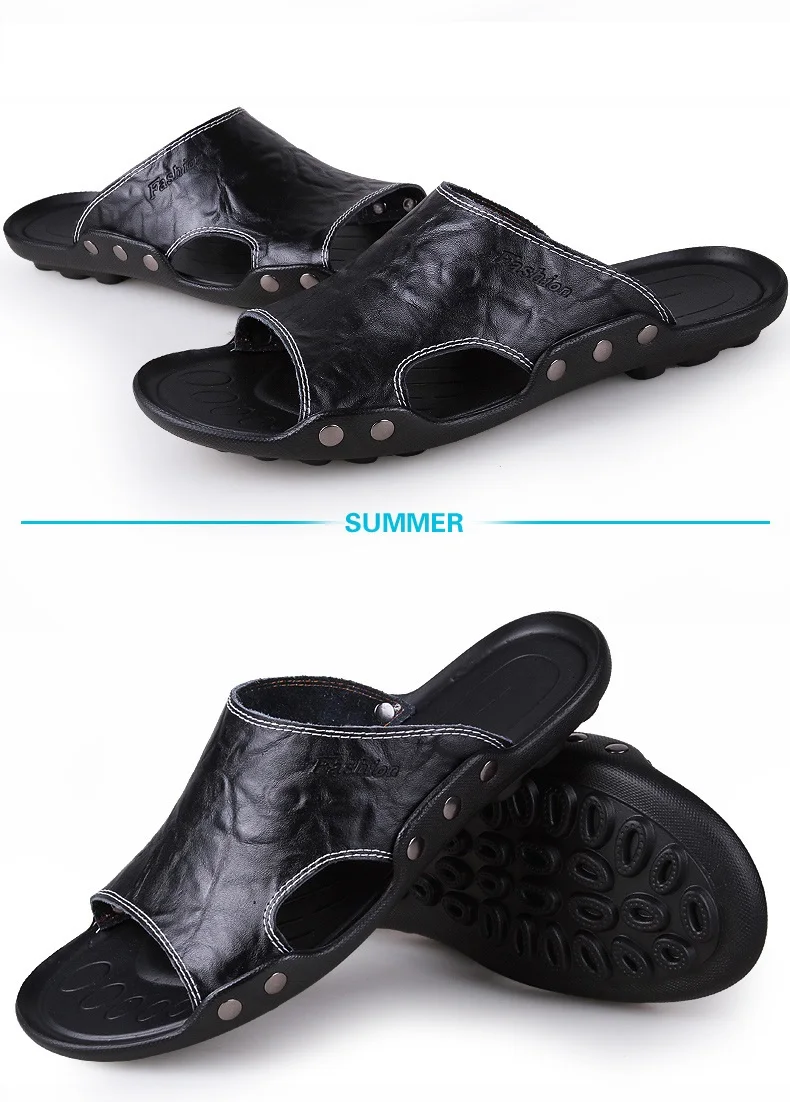 2018 New Men Genuine Leather Holiday Beach Shoes Flip Flops Men's Casual Flat Shoes Sandals Summer Slippers For Men (12)