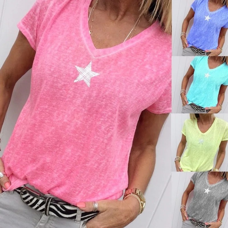 

2019 Summer Explosion Models V-neck Print Five-pointed Star Loose Female Short-sleeved T-shirt Neon Tops Roupas Femininas