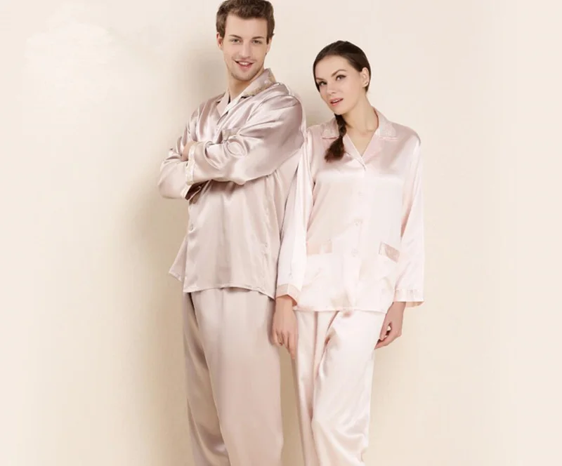 

16.5mm Elegant female male 100% silk pajamas sets Couples Long sleeve winter homewear noble simple silk pijamas 2 Piece Sleepwea