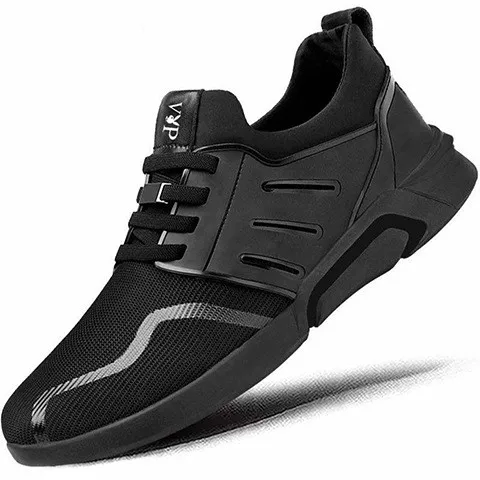 Wedges Sneakers Men Vulcanized Shoes Stripe Breathable Air Mesh Mans Shallow Comfortable Walking Shoes Lace-Up Black