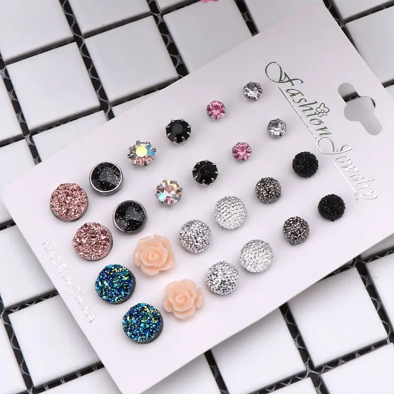 12 пар ассорти кристаллов друзы камень смолы Круглые серьги-гвоздики набор для женщин