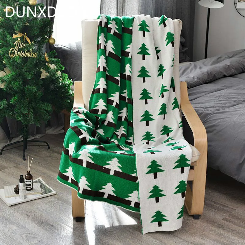 DUNXDECO Blanket Cotton Knitting Throw Christmas Green Tree Nordic