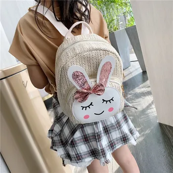 

Fashion Children Straw Backpack Kids Casual Cute Cartoon Rabbit Print Bowknot Girls Books School Shoulder Bags Travel Knapsack