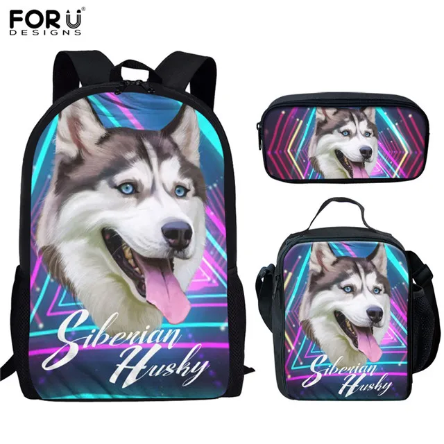 FORUDESIGNS School Bags Set for Boys Girls 3D Husky Pattern Bagpack Kids Schoolbags High Quality Backpack Book Lunch Pencil Bags - Color: HX654CGK