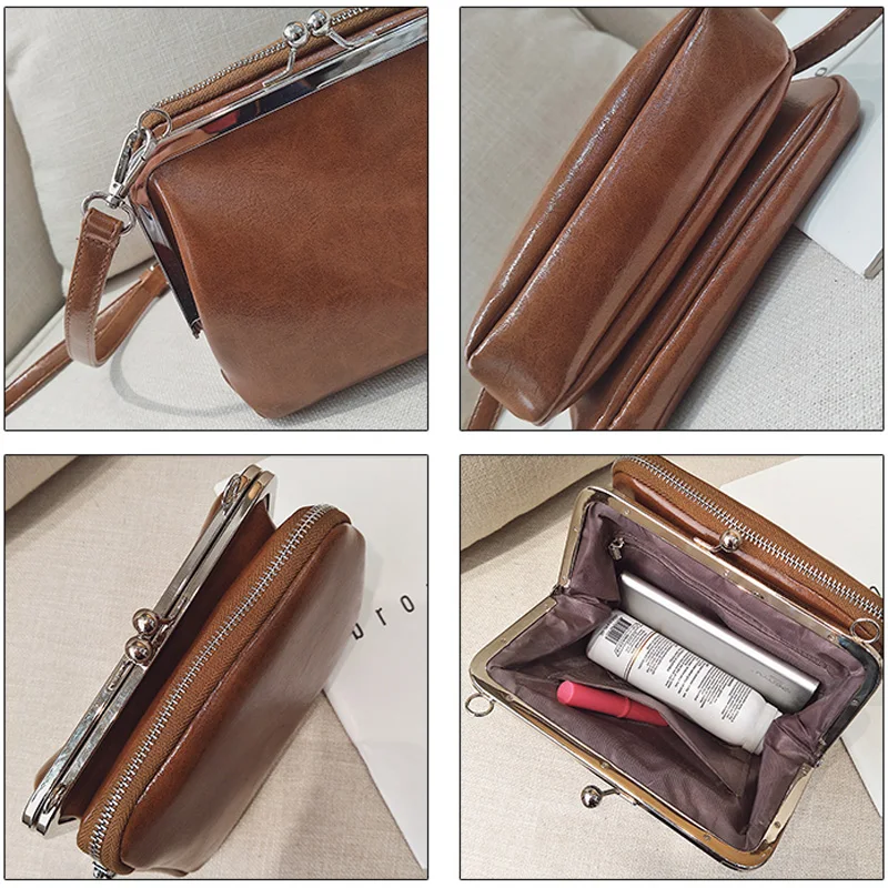 Vintage Women Shoulder Crossbody Messenger Bag PU Leather Fashion Double Kiss Lock Shell Bags Women's Handbags