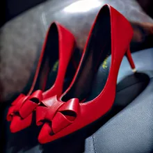New Red High Heels Shoes WomenThin Heels Bow Pumps Spring Summer Autumn Female Shallow Mouth Sexy Black Pu Leather Work Shoes