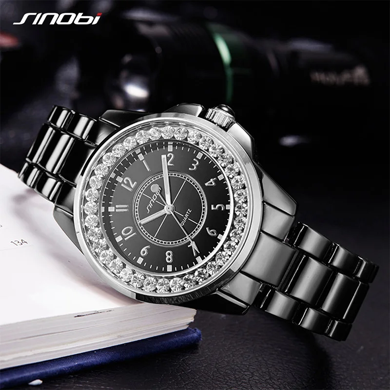 Fall-Winter SINOBI Ladies Fashion Ceramic Steel Watches for Womens Diamond Quartz Wrist Watches 12 Black Relojes Mujer 2016