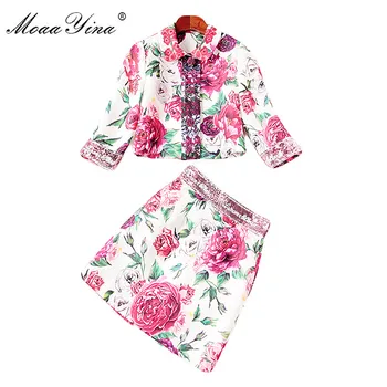 

MoaaYina Fashion Set Spring Women 3/4 sleeve Floral Rose Print Applique loveliness Elegant Tops+Sequin Mini Skirt Two-piece suit
