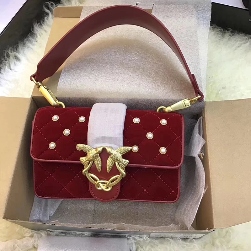 

Hot New It Bag Luxury Brand Design Women Handbag High Quality Velvet Shoulder Bag Pearl Diamond Lattice Buckle Flap Love Bag
