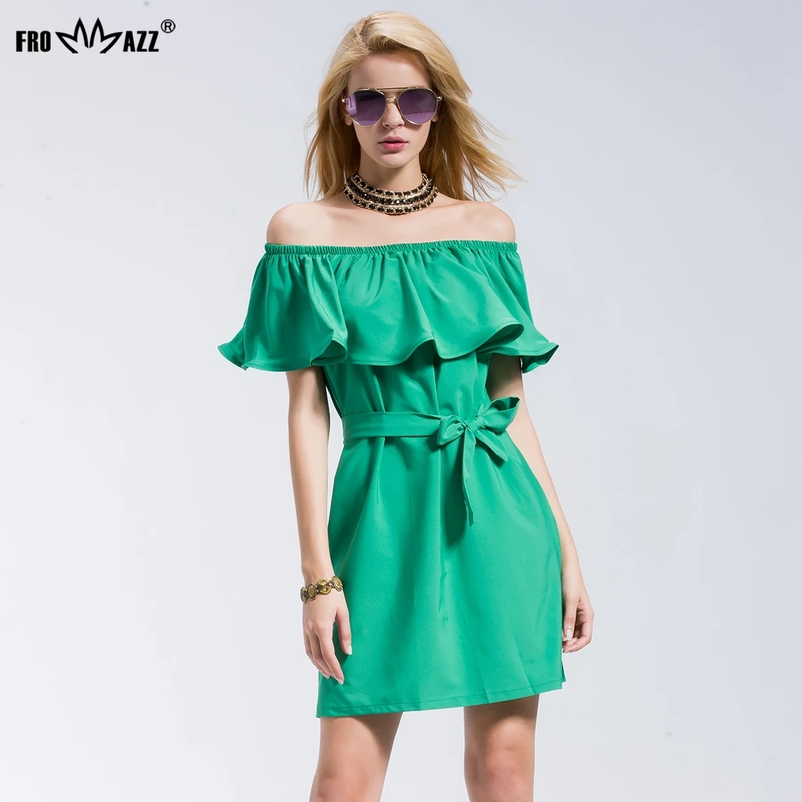 

FROMMAZZ 2018 Summer New Women Lady Mint Green Fashion Causal Ruffles Neck Short Sleeve Dress Free Size with Blet FS16008