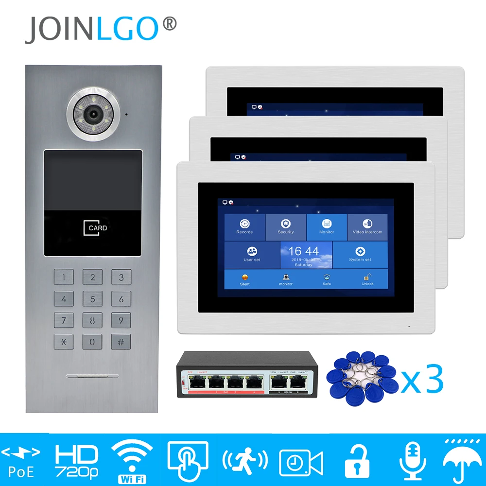 Free Shipping 3 Apartments POE 720P IP Wifi 7\ Touch Screen Record Video Intercom Door Phone Code Keypad RFID Outdoor Camera