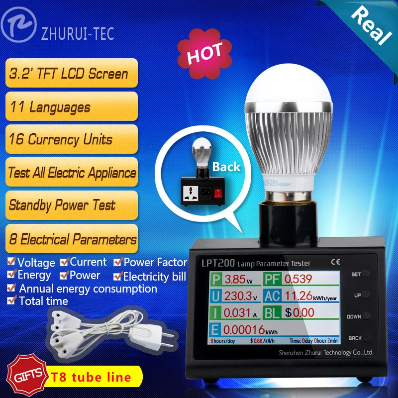 

LPT200 watt meter energy meter 10A 110V electrical instruments Led tester with E14 /E27and power socket