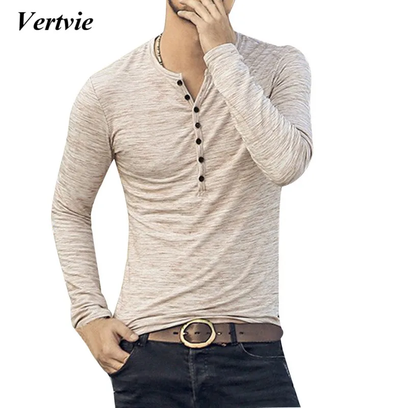 

VERTVIE 2018 New Henley T-shirts Long Sleeve Fashion Design Slim Button Casual Outwears Popular Clothing For Male