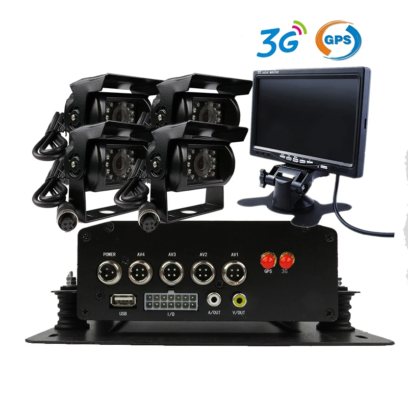 

Free Shipping 4CH Hard Disk HDD GPS 3G Mobile Car DVR Recorder 4 Pcs Metal Duty Rear Side Front View Car Camera System + Monitor