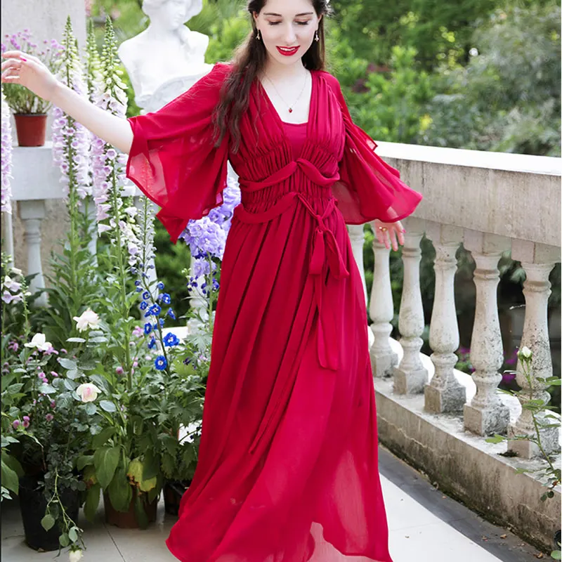 Женское платье с v-образным вырезом изящное шифоновое Ретро Греческая богиня картина маслом стильное шифоновое платье феи длинное стильное летнее платье принцессы