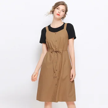 

Summer Women clothes set black t shirt+strap dress waist drawstring female Elegant two pc set Dress casual vestido Plus size 5XL