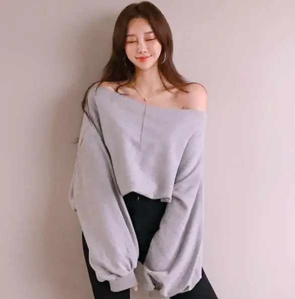 

2019 Women Sweatshirt Slash Neck Off Shoulder Long Sleeve Loose Oversized Hoodies Solid Kawaii Casual Long Pullover Coat