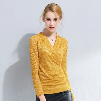 

Women T-shirt Slim pure autumn Long sleeve Lace V-neck Sexy T-shirt Women
