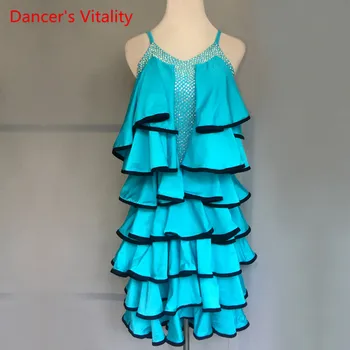 

Custom Latin Dance Competitom Costumes Adult Child Latin Dance Stage Performance Clothing Sexy Sling Multistory Dress
