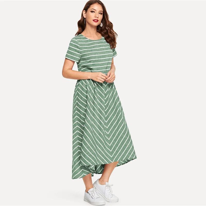SHEIN Полосатое Платье макси с шевронным принтом, женское повседневное летнее платье с коротким рукавом, хлопковое женское платье трапециевидной формы с круглым вырезом