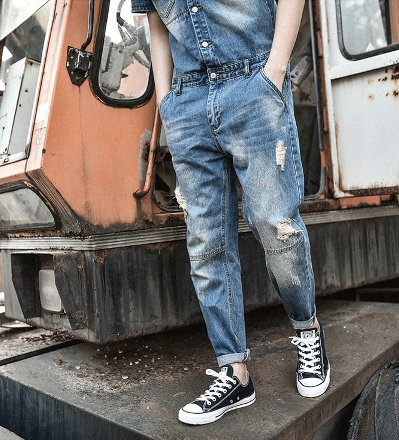 Японский стиль винтажные комбинезоны мужской комбинезон модные потертые обтягивающие джинсы длиной до щиколотки брюки подростковые джинсовые комбинезоны для ковбоя синий