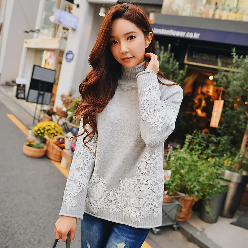 

Dabuwawa Autumn Winter Women Lace Sweater 2019 New Comfortable Warm Thick High Collar Pullover Sweaters Female D18DKT014