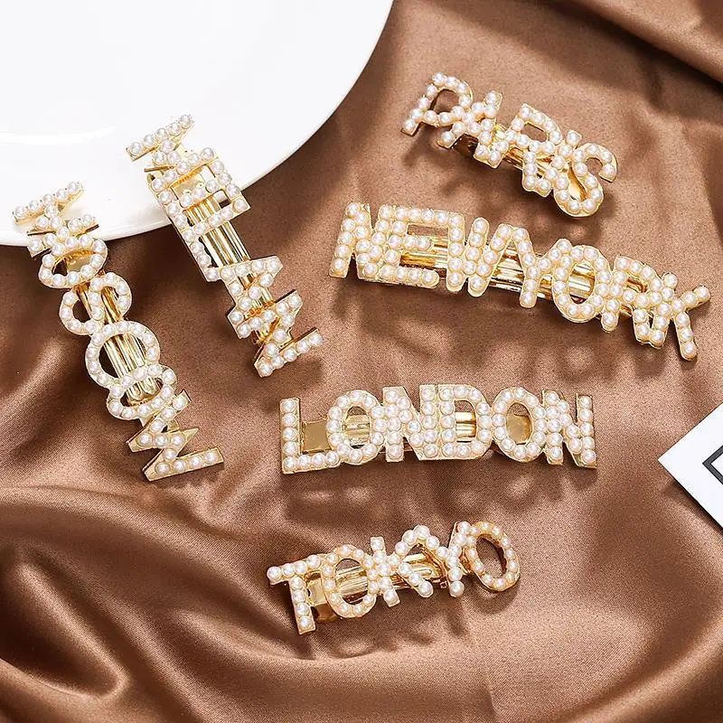 

2019 Korean Pearls Letter Metal Hair Clips For Women Girls NewYork Paris London Milan Statement Barrettes Pearl Hair Accessories