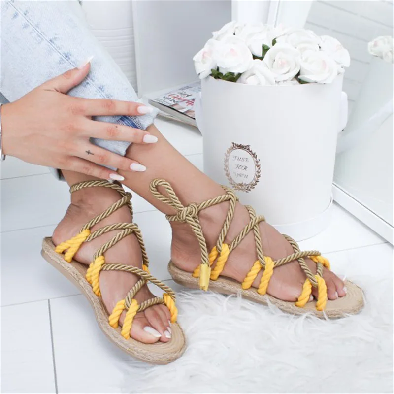 Женские босоножки со шнуровкой, пеньковая веревка в римском стиле женские босоножки Повседневная обувь сандалии на шнуровке женская обувь; большие размеры 35-43