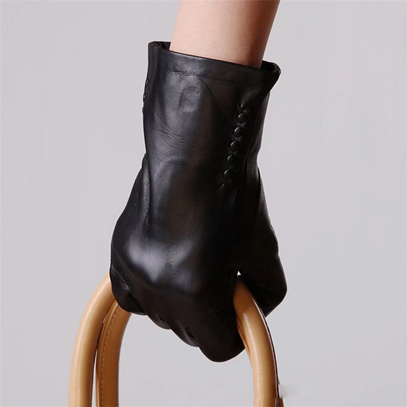 Women Black Touch Leather Gloves Winter Fashion Touchscreen Genuine Goatskin Driving Glove Plus Warm Velvet  Top Sale L013NC2