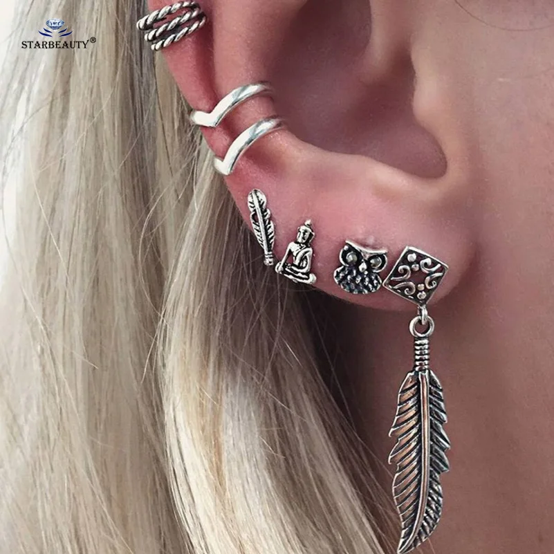 

Starbeauty 6pcs/lot New Long Leaf Buddha Statue Cuff Earrings Set Ear Piercing Helix Piercing Tragus Fake Nose Ring Body Jewelry