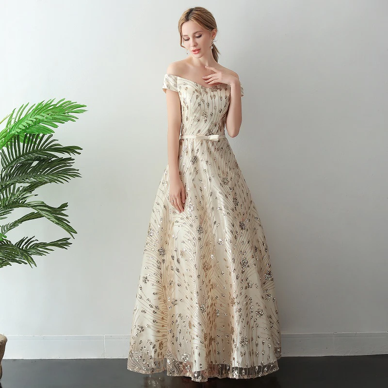 

Sexy Long Evening Dress 2019 Sheer Boat Neck Prom Gown A line Party Dresses Light Golden Color Sequin Formal Robe de soiree