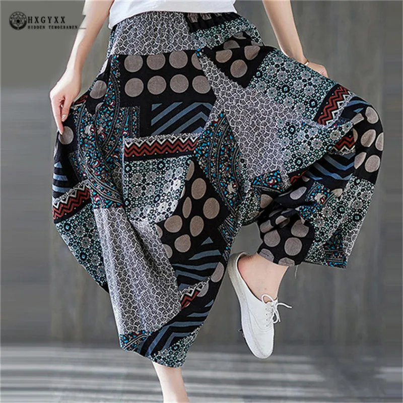 Summer Vintage Women Printing Harem Pants Loose Elastic Waist Trousers Women Cotton Pant 2019 Harajuku Capris Cross-pants Okd898