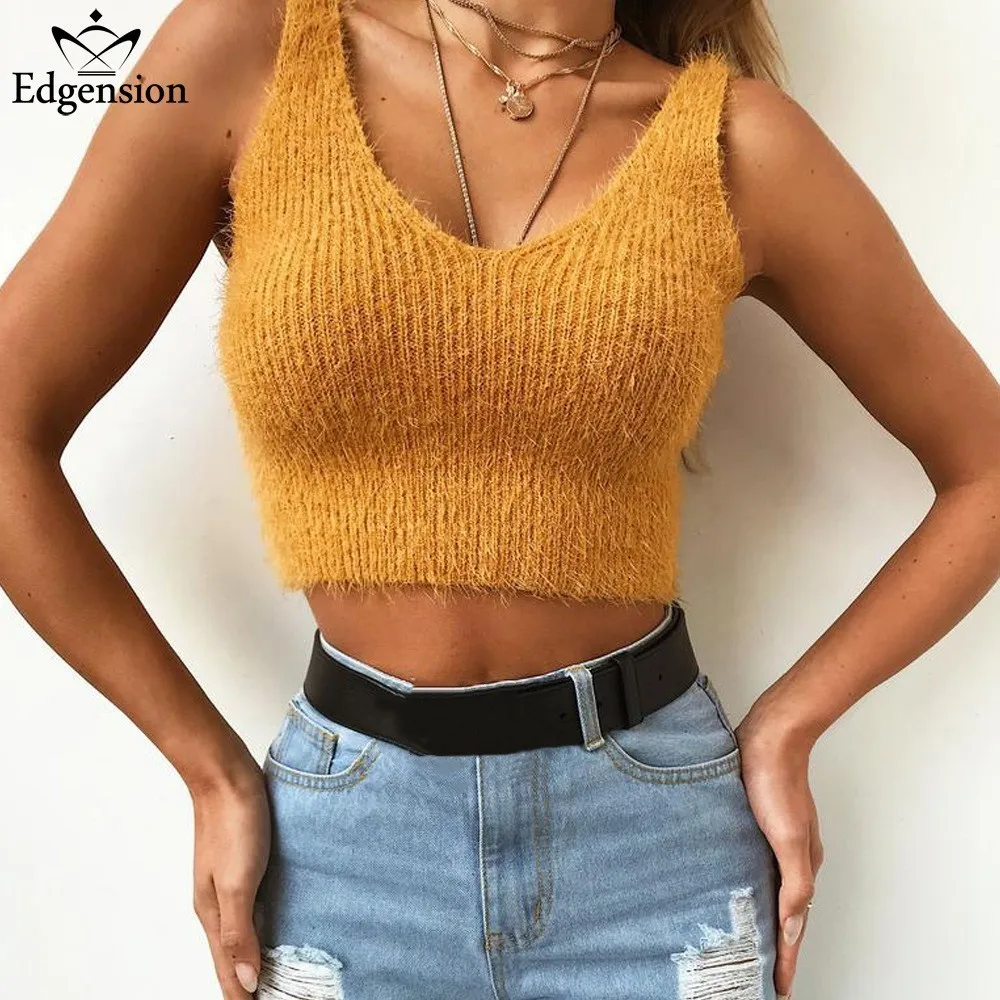 

Edgension New Fashion Autumn 2018 Sexy Short Crop Knitted Mohair Camisoles Ins Style High Street Cropped Knit Mohair Camis Tops