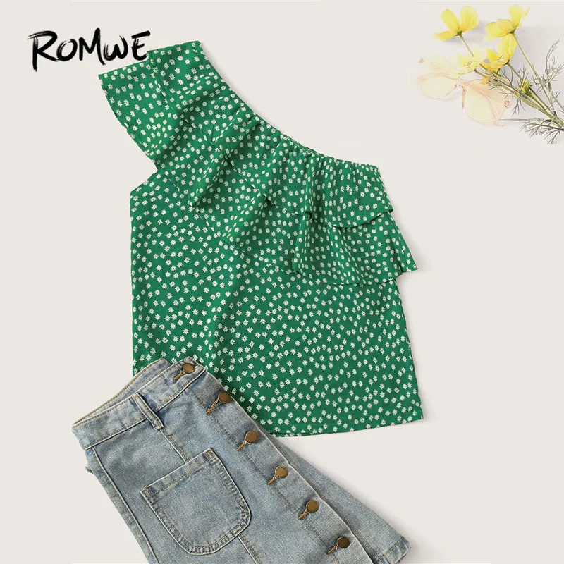 

ROMWE Boho One Shoulder Ruffle Trim Cap Sleeve Green Ditsy Floral Blouse Women Sweet Girly Tiered Flounce Summer Blouse Tops